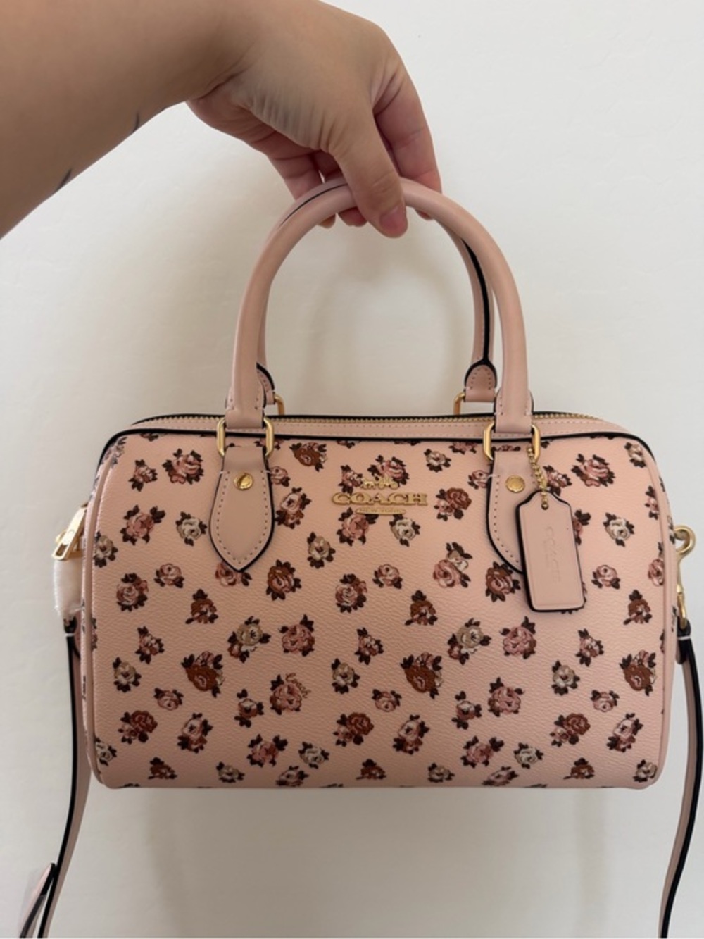 Coach Pink Floral Leather Satchel Handbag with Gold Hardware